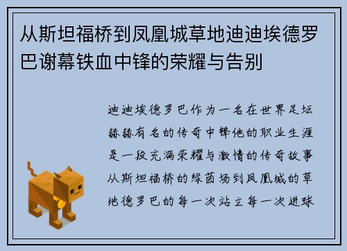 从斯坦福桥到凤凰城草地迪迪埃德罗巴谢幕铁血中锋的荣耀与告别 从斯坦福桥到凤凰城草地迪迪埃德罗巴谢幕铁血中锋的荣耀与告别