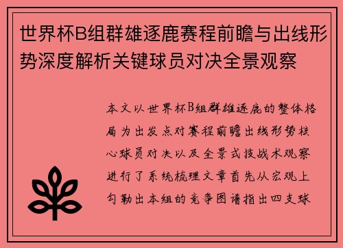世界杯B组群雄逐鹿赛程前瞻与出线形势深度解析关键球员对决全景观察